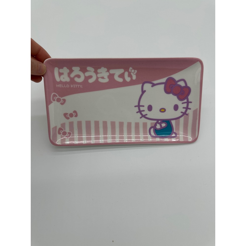 Sanrio‎ Hello Kitty Trinket Tray Pink White Striped Ceramic Rectangular Plate